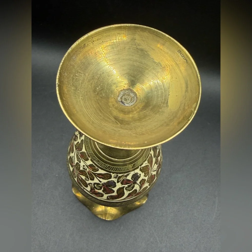 Vintage Etched Enamel Brass Ruffle Rim Bud Vase Table Vase Boho Eclectic Decor - Picture 8 of 14